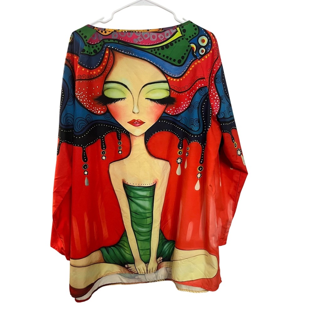 Artistic Woman Face Print Long Sleeve Tunic Top Women's Casual Wear - Picture 2 of 2